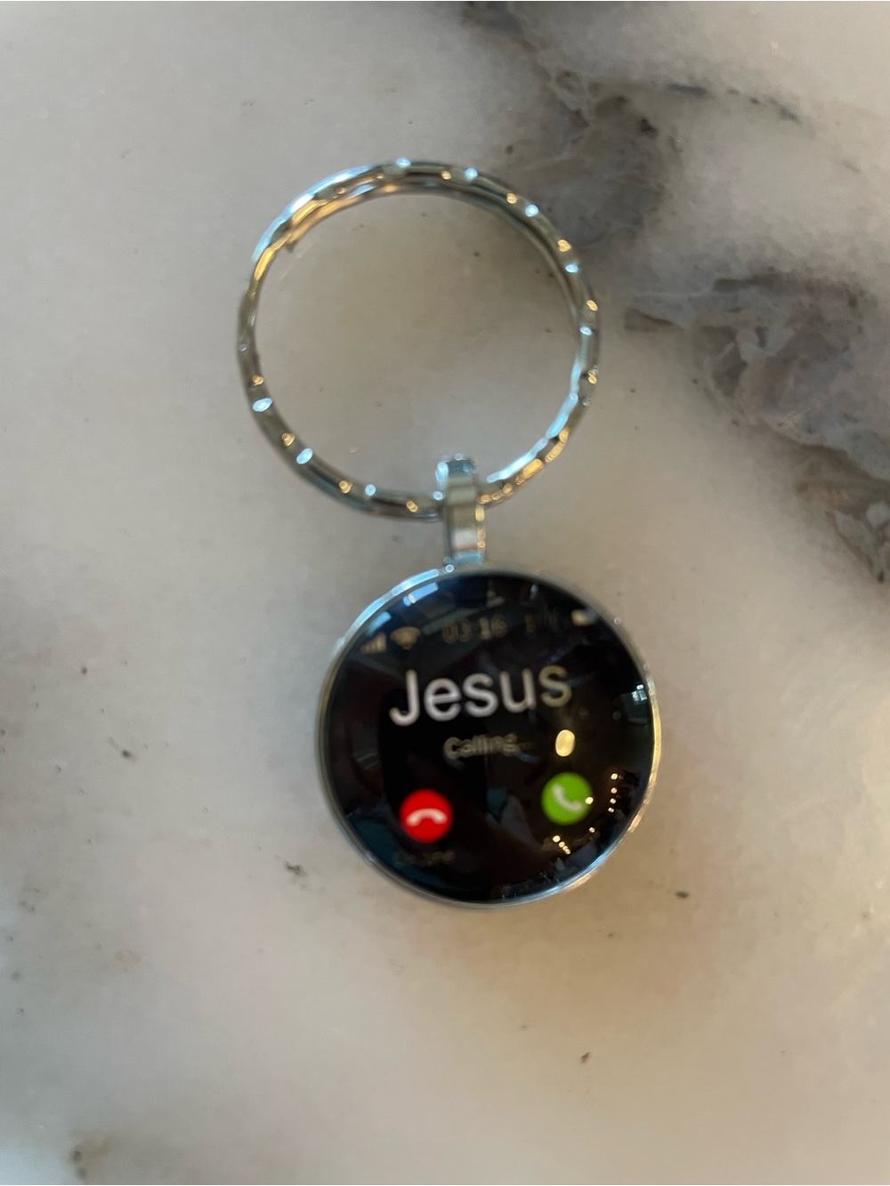 Jesus Caller ID Round Keychain - Black & Silver